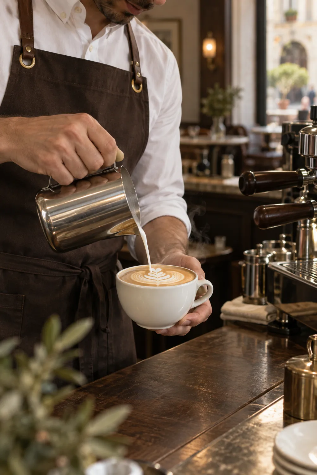 A smartly dressed barista pouring latte art at a dark walnut café counter