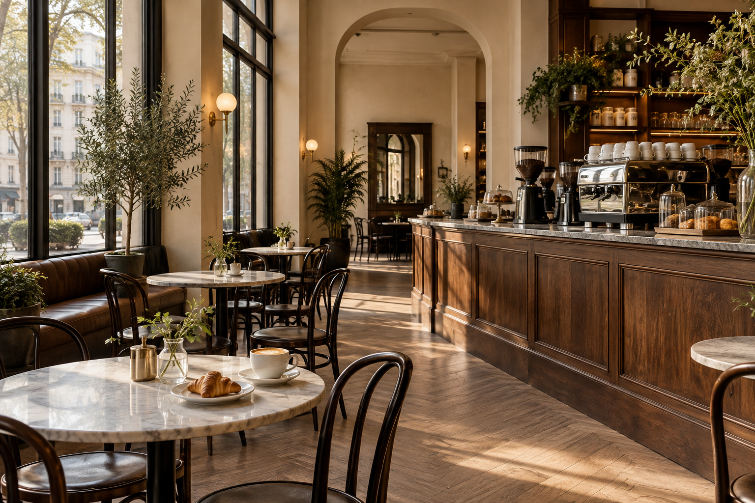 Warm wood, soft light and inviting tables inside a European café