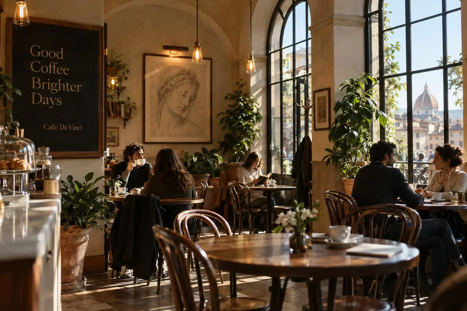 Guests enjoying coffee in a sunlit Caffè Da Vinci overlooking Florence