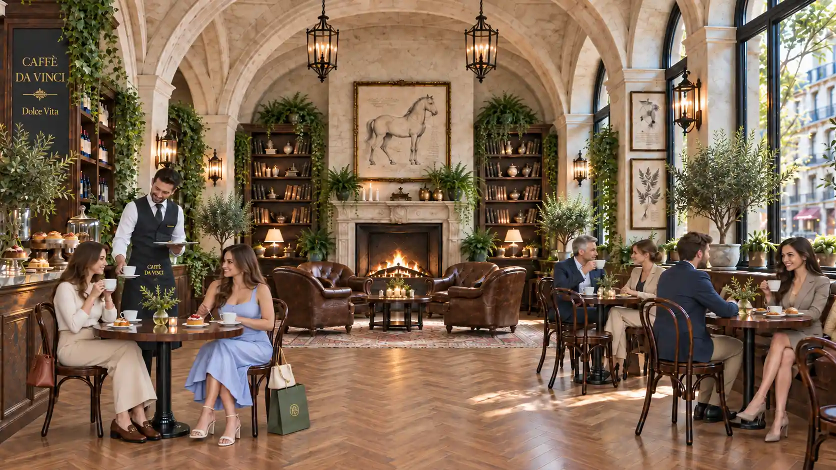 Guests relaxing in the elegant Caffè Da Vinci lounge beneath stone arches