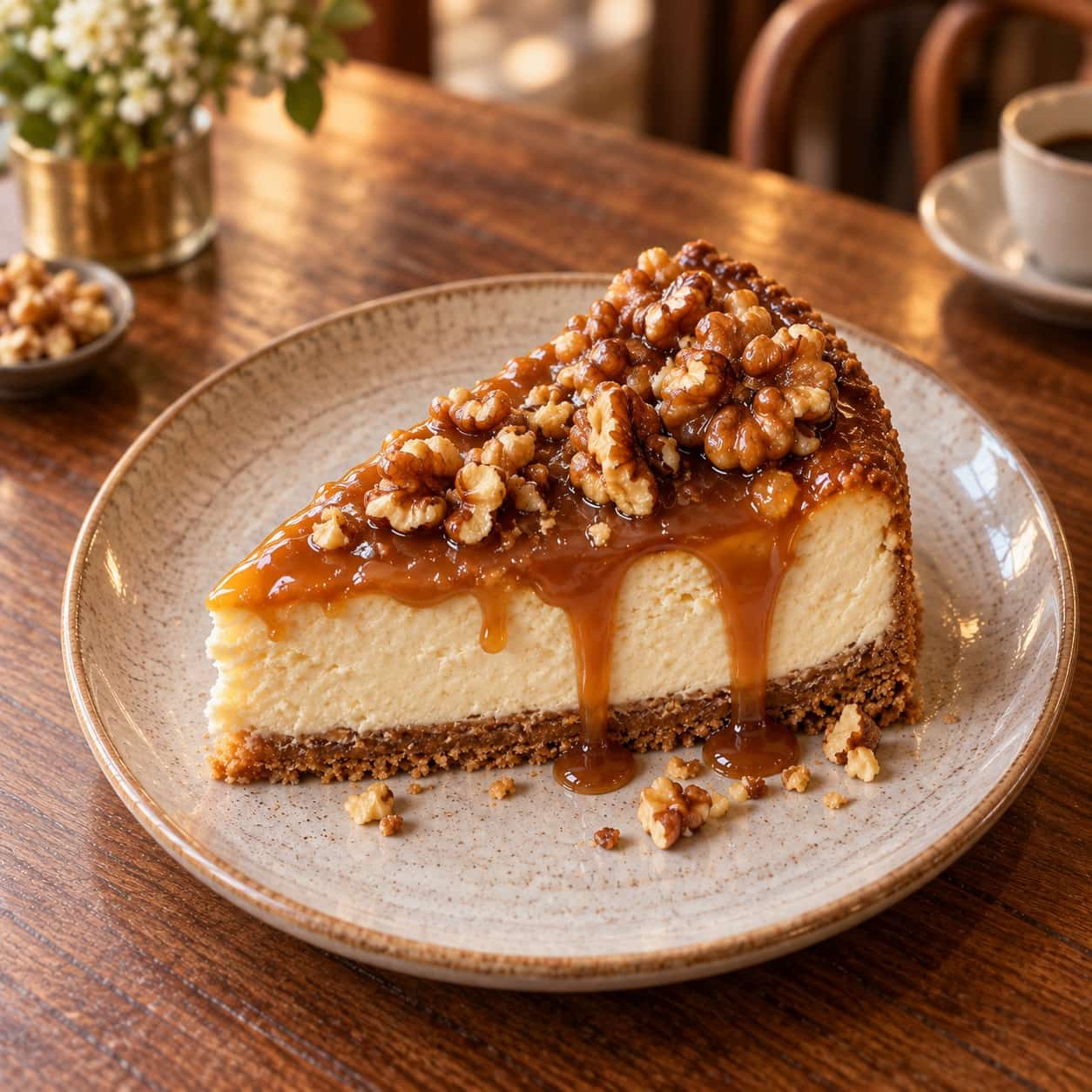 Caramel cheesecake topped with caramel and walnuts