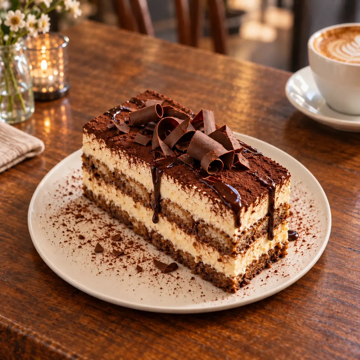 Tiramisù with rich mascarpone, chocolate sauce and dark chocolate curls