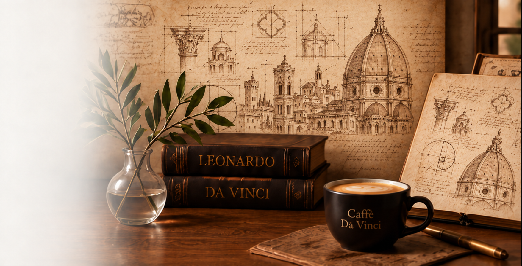 Caffè Da Vinci coffee beside Leonardo books, olive branches and a notebook with Renaissance architectural sketches.